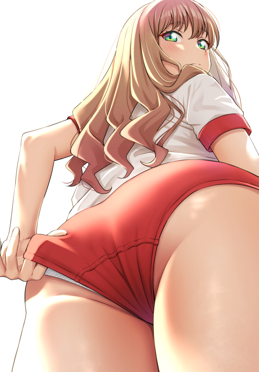 1girl adjusting_buruma adjusting_clothes brown_hair buruma commentary_request commission cowboy_shot from_behind from_below green_eyes gridman_universe gym_shirt gym_uniform highres long_hair looking_at_viewer looking_back mibushiro minami_yume panties_under_buruma pixiv_commission red_buruma shirt simple_background solo ssss.dynazenon t-shirt white_background white_shirt