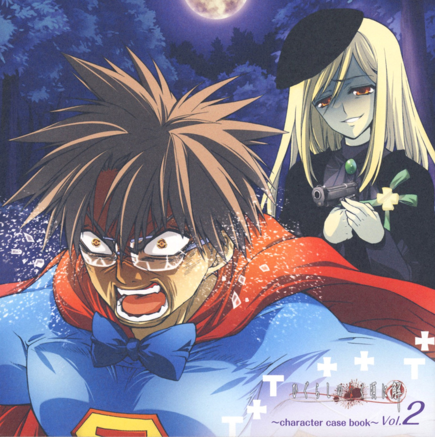 1girl album_cover beret blonde_hair bow brown_eyes brown_hair cape copyright_name cosplay cover evil_grin evil_smile glasses grin gun handgun hat highres higurashi_no_naku_koro_ni long_hair looking_at_another moon night night_sky official_art open_mouth scan short_hair sky smile spiked_hair spoilers superman superman_(cosplay) suzuragi_karin takano_miyo tomitake_jirou weapon