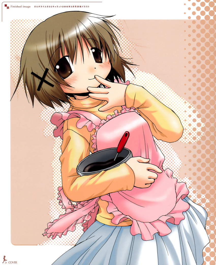 absurdres aoki_ume apron bangs cooking hair_ornament hidamari_sketch highres official_art scan solo x_hair_ornament yuno