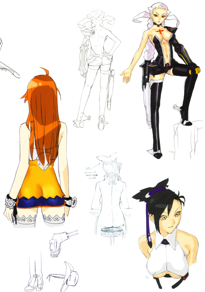 :d absurdres ass back bakuretsu_tenshi bangs bare_back bare_shoulders black_hair black_legwear boots bouncing_breasts braid breasts center_opening chaps character_sheet choker cleavage cowboy_hat directional_arrow dress fringe_trim from_behind hair_ornament hair_ribbon hakua_ugetsu halterneck hand_on_thigh hat high_heels highres holster lace lace-trimmed_thighhighs large_breasts leg_lift lineart long_hair looking_at_viewer looking_away maria_(bakuretsu_tenshi) meg_(bakuretsu_tenshi) midriff miniskirt multiple_girls navel no_bangs no_bra official_art open_mouth orange_hair outstretched_hand partially_colored prosthesis red_eyes ribbon scan sei_(bakuretsu_tenshi) shoes short_dress short_hair short_twintails sideboob sidelocks simple_background single_braid sketch skirt smile standing tattoo thigh_boots thighhighs translation_request twintails underboob upper_body western white_background white_hair white_legwear wristband yellow_eyes zettai_ryouiki