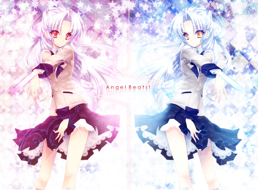 angel_beats! argyle blade blazer die glowing jacket long_hair palette_swap polar_opposites red_eyes school_uniform silver_hair skirt sparkle star symmetry tenshi_(angel_beats!) upskirt weapon yellow_eyes