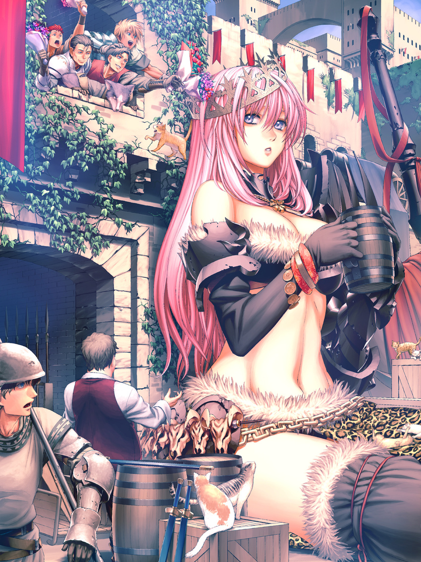 6+boys aoi_subaru armor barrel box breasts cannon castle cat cleavage crown detached_sleeves elbow_gloves flower fur giant giantess gigandal_federation gloves highres jewelry large_breasts long_hair midriff multiple_boys navel necklace pink_hair pixiv_fantasia pixiv_fantasia_3 plant polearm skull sword thighhighs vines weapon