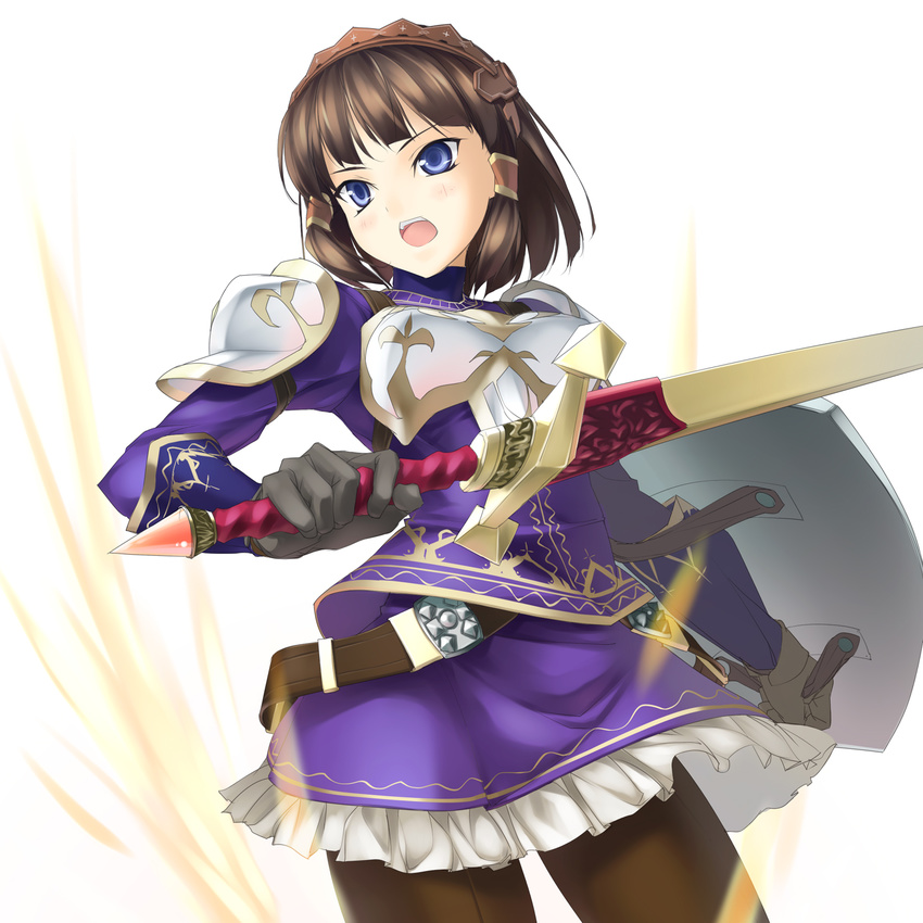 armor black_legwear blue_eyes brown_hair fantasy_earth_zero highres pantyhose rokuwata_tomoe shield short_hair skirt solo sword weapon