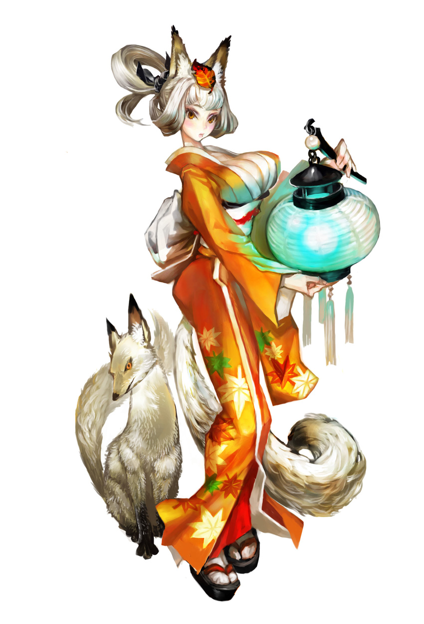 absurdres animal_ears blush breasts cleavage eyeshadow fox fox_ears fox_tail hair_up highres japanese_clothes kamitani_george kimono kongiku lantern large_breasts leaf leaf_on_head long_hair makeup oboro_muramasa official_art orange_eyes paper_lantern simple_background solo tail tassel white_hair