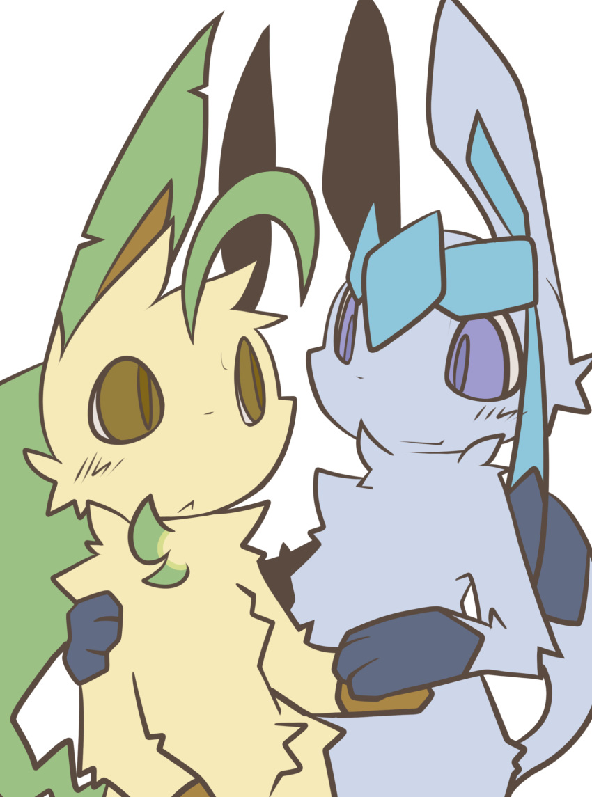 :&lt; alpha_channel ambiguous_gender arm_around_shoulders blush duo eeveelution feral fluffy glaceon hand_holding leafeon looking_at_another nintendo paws pok&eacute;mon pok&eacute;mon_(species) shin_(artist) smile text translated video_games