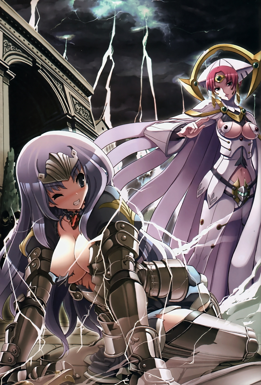 absurdres annelotte armor armored_dress blue_eyes bodysuit breasts cape claudette_(queen's_blade) cleavage elbow_gloves gloves green_eyes hat highres large_breasts lightning multiple_girls purple_hair queen's_blade queen's_blade_rebellion red_hair sword thighhighs tiara torn_clothes tsurugi_hagane weapon wince