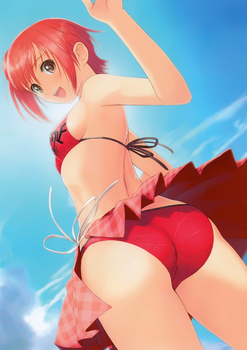 absurdres ass bikini breasts brown_eyes cloud day highres looking_back medium_breasts open_mouth red_bikini red_hair seena_kanon shining_(series) shining_wind short_hair sideboob skirt sky smile solo string_bikini swimsuit tanaka_takayuki