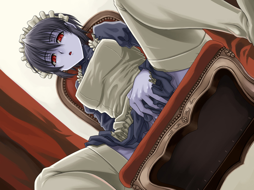 blue_skin chair devil_summoner dutch_angle from_below looking_down maid mary_(soul_hackers) megami_tensei red_eyes shunzou sitting solo soul_hackers spread_legs thighhighs white_legwear