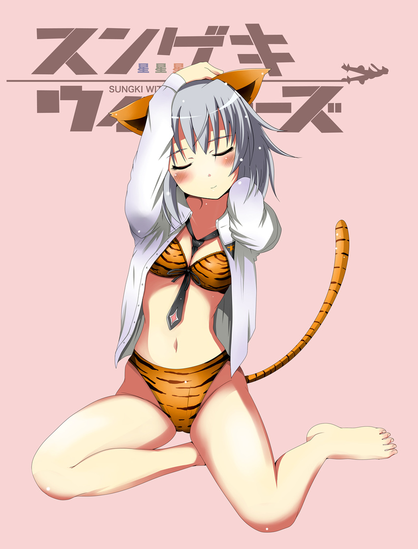 2010 animal_ears animal_print bad_id bad_pixiv_id barefoot bikini blush breasts feet highres medium_breasts necktie rosettastone sanya_v_litvyak short_hair silver_hair solo strike_witches swimsuit tail tiger_ears tiger_print tiger_tail world_witches_series