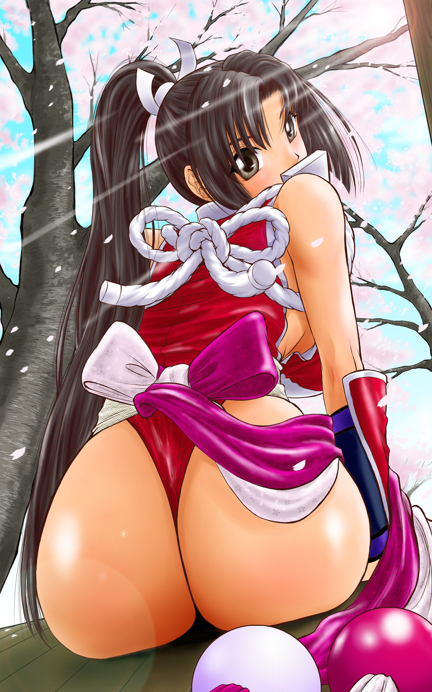 ass black_hair bow fatal_fury highres huge_ass long_hair looking_back panties ponytail shiranui_mai sitting solo the_king_of_fighters thong underwear wolfpack