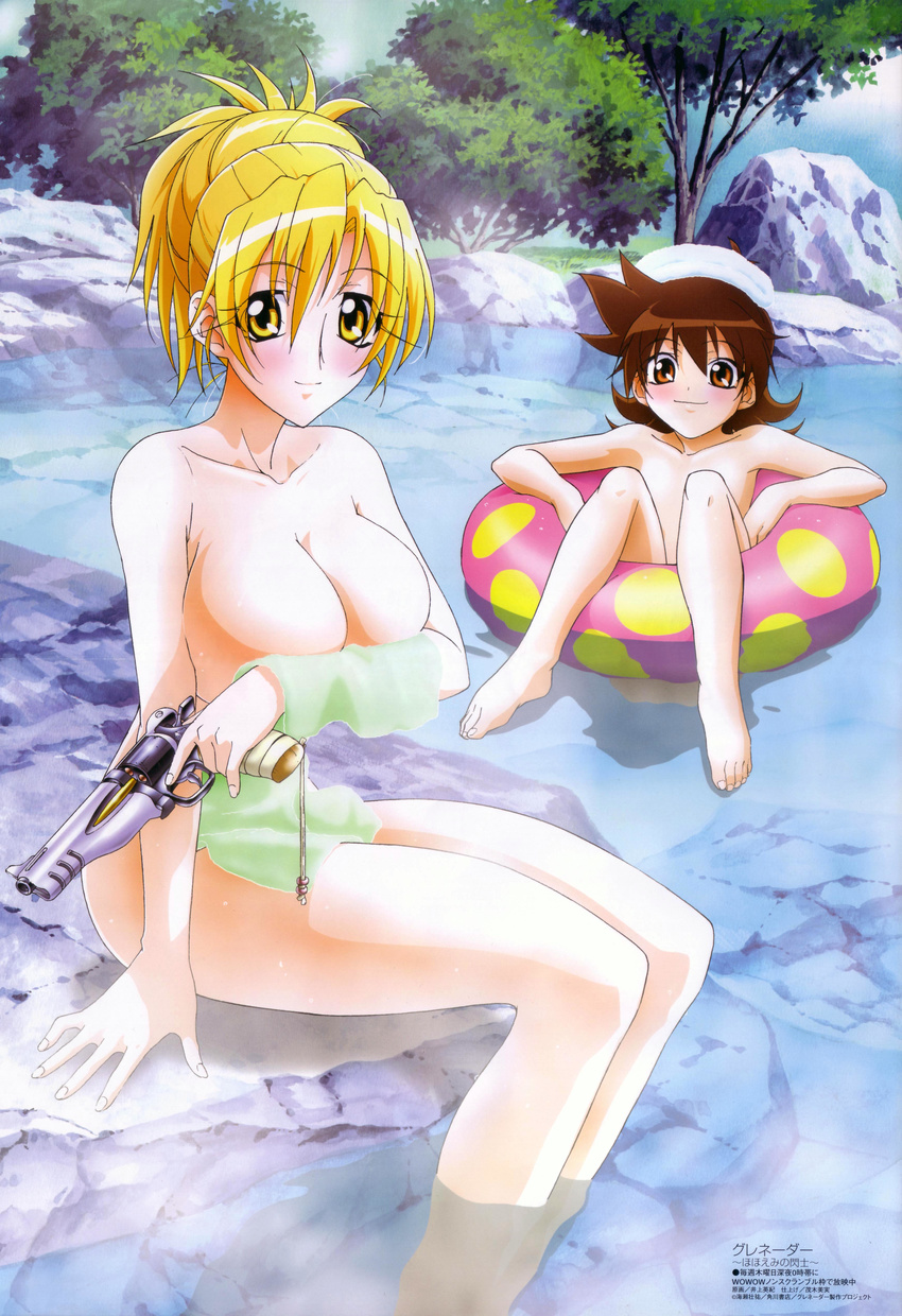 absurdres afloat age_difference arm_support bangs barefoot blonde_hair blush breast_hold breast_squeeze breasts brown_eyes brown_hair cleavage convenient_censoring convenient_leg day eyebrows_visible_through_hair feet flat_chest grenadier gun hair_between_eyes hair_bun hair_up handgun highres holding innertube inoue_hideki kurenai_mikan large_breasts legs long_hair looking_at_viewer looking_back megami multiple_girls nature non-web_source nude official_art onsen outdoors polka_dot ponytail profile reclining revolver rock scan shadow sitting skindentation sky smile soaking_feet spiked_hair steam tendou_rushuna towel towel_on_head tree trigger_discipline water weapon wet yellow_eyes