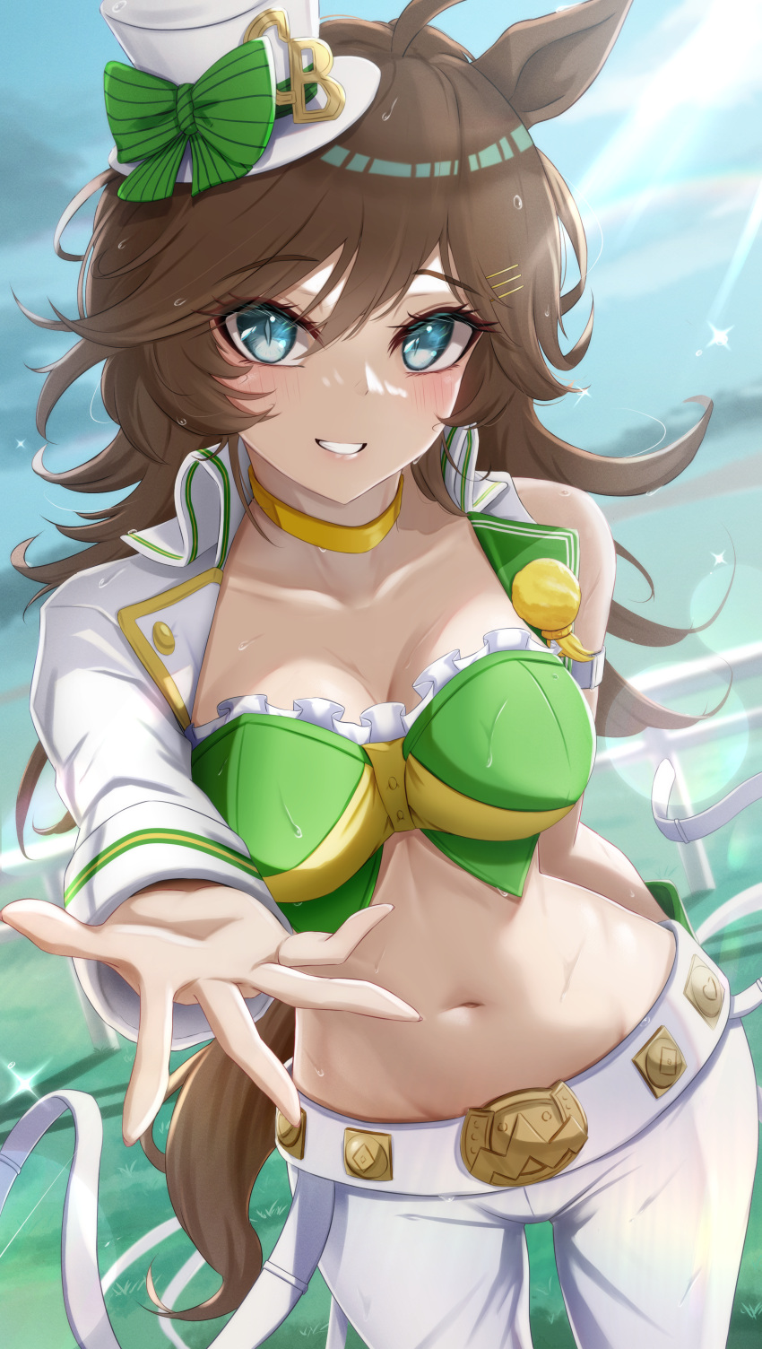 1girl absurdres ahoge animal_ears arm_strap blue_eyes blush bow breasts brown_hair choker cleavage collarbone commentary_request cowboy_shot crop_top green_bow green_shirt grin hair_between_eyes hair_ornament hairclip hat hat_bow highres horse_ears jacket large_breasts long_hair long_sleeves looking_at_viewer midriff mini_hat mini_top_hat mr._c.b._(umamusume) navel open_clothes open_jacket pants partial_commentary reaching_towards_viewer shinonome_(shinonome_rynn) shirt single_bare_shoulder smile solo standing stomach strapless strapless_shirt thighs top_hat umamusume white_headwear white_jacket white_pants yellow_choker