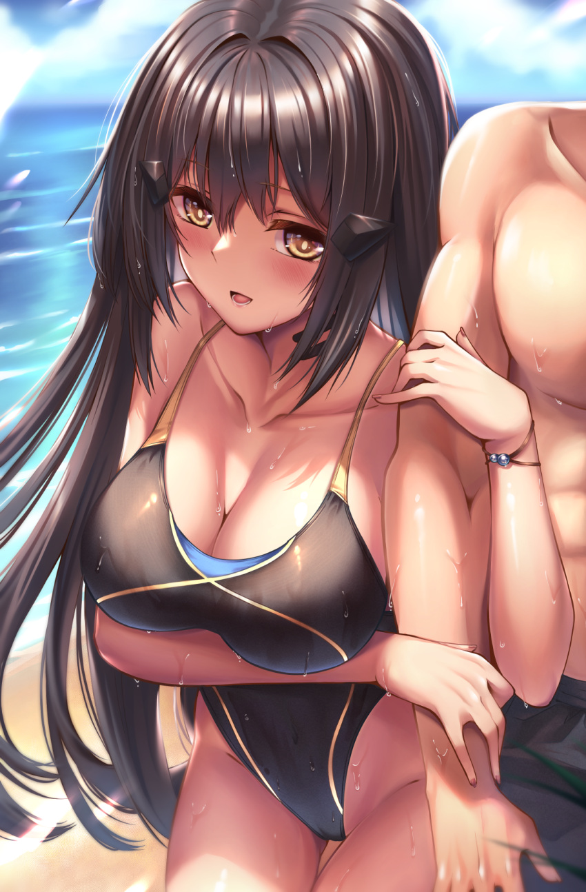 1boy 1girl arm_under_breasts bangs beach black_hair black_male_swimwear black_one-piece_swimsuit blue_sky bracelet breasts cameltoe cleavage cloud collarbone competition_swimsuit dandelion_(girls'_frontline) girls'_frontline hair_ornament highleg highleg_swimsuit highres holding_another's_arm jewelry large_breasts long_hair looking_ahead male_swimwear ocean one-piece_swimsuit open_mouth sand sky solo_focus swimsuit water wet wet_clothes wet_swimsuit xlscaler yellow_eyes