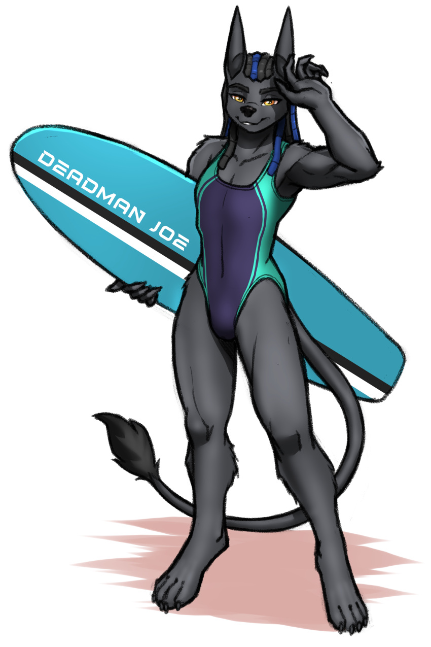 2023 absurd_res anthro black_hair blue_hair breasts bulge canid canine canis clothed clothing crossdressing dreadlocks eyebrows fur grey_body grey_fur hair hi_res jackal looking_at_viewer male mammal mykegreywolf one-piece_swimsuit solo surfboard swimwear tail tail_tuft tuft yellow_eyes