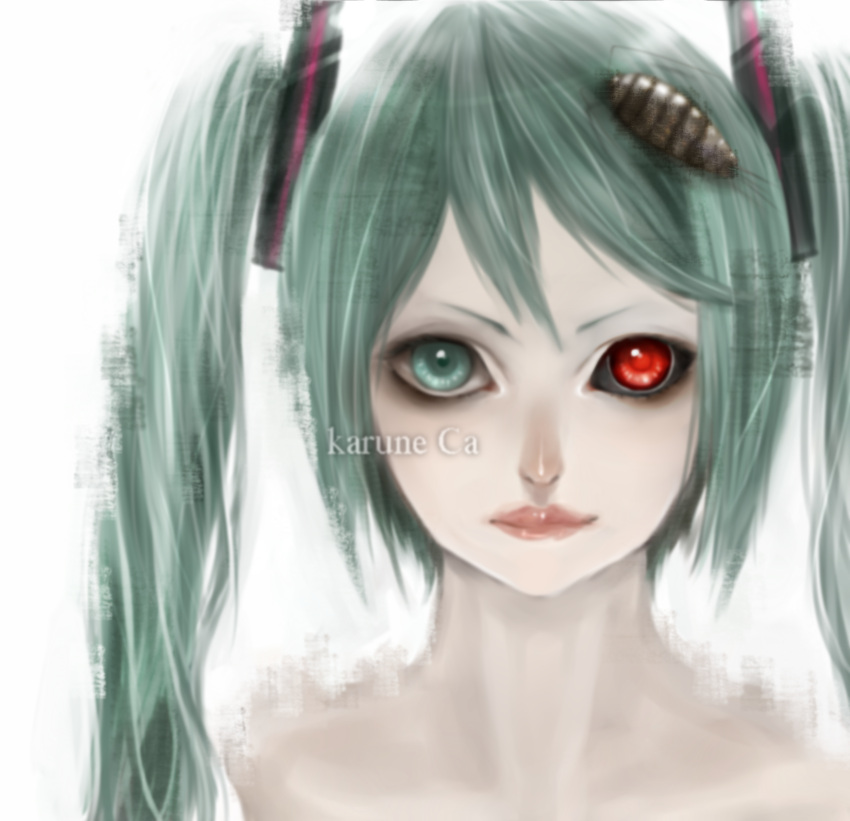 1girl absurdres aqua_eyes aqua_hair blue_eyes bug calne_ca character_name closed_mouth cockroach hatsune_miku heterochromia highres lips long_hair looking_at_viewer red_eyes simple_background smile solo ts19fi upper_body very_long_hair vocaloid white_background