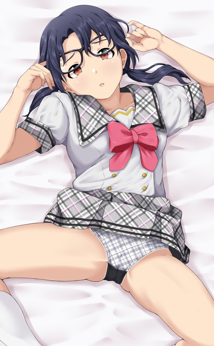 1girl absurdres bangs bed_sheet black-framed_eyewear black_hair bow bowtie breasts brown_eyes buttons checkered_clothes checkered_panties checkered_skirt clothes_lift commentary from_above glasses grey_panties grey_sailor_collar grey_skirt hands_up highres honokakao idolmaster idolmaster_million_live! legs looking_at_viewer lying medium_breasts medium_hair on_bed panties parted_lips pink_bow pink_bowtie sailor_collar shirt short_sleeves skirt skirt_lift socks solo spread_legs takayama_sayoko thighs twintails underwear white_shirt white_socks