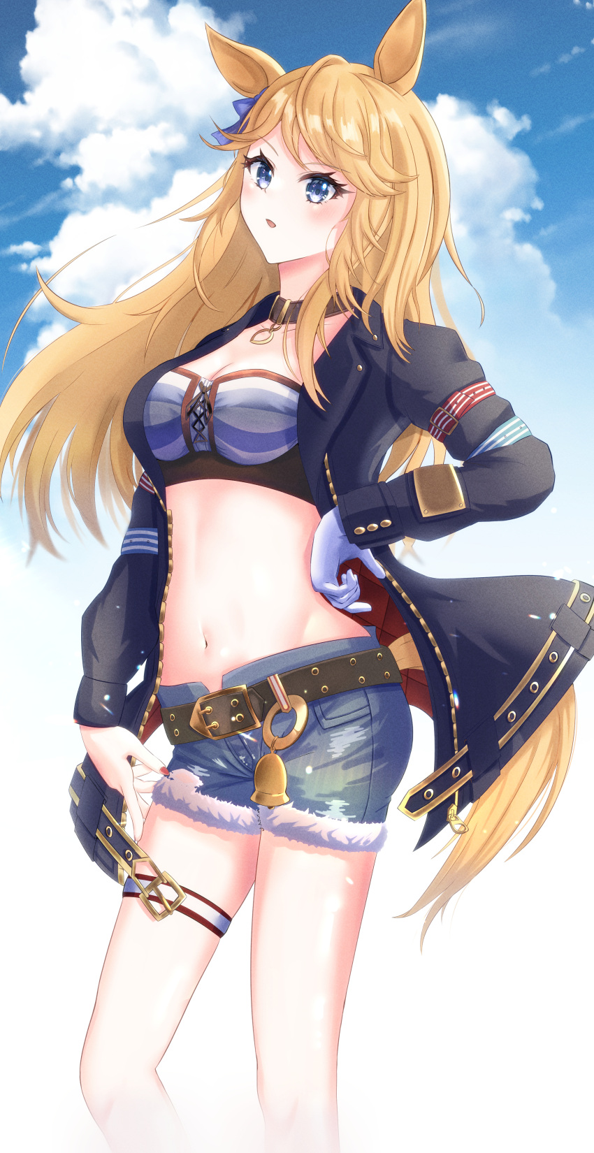1girl absurdres animal_ears bandeau belt black_belt black_choker black_jacket blonde_hair blue_eyes blue_sky blush breasts choker cleavage cloud commentary_request cosmo_sapuressa cowboy_shot cutoffs day denim denim_shorts gloves gold_city_(umamusume) highres horse_ears jacket large_breasts long_hair long_sleeves open_clothes open_jacket parted_lips short_shorts shorts single_glove sky solo standing strapless striped_bandeau tail thigh_strap thighs tube_top umamusume very_long_hair white_gloves
