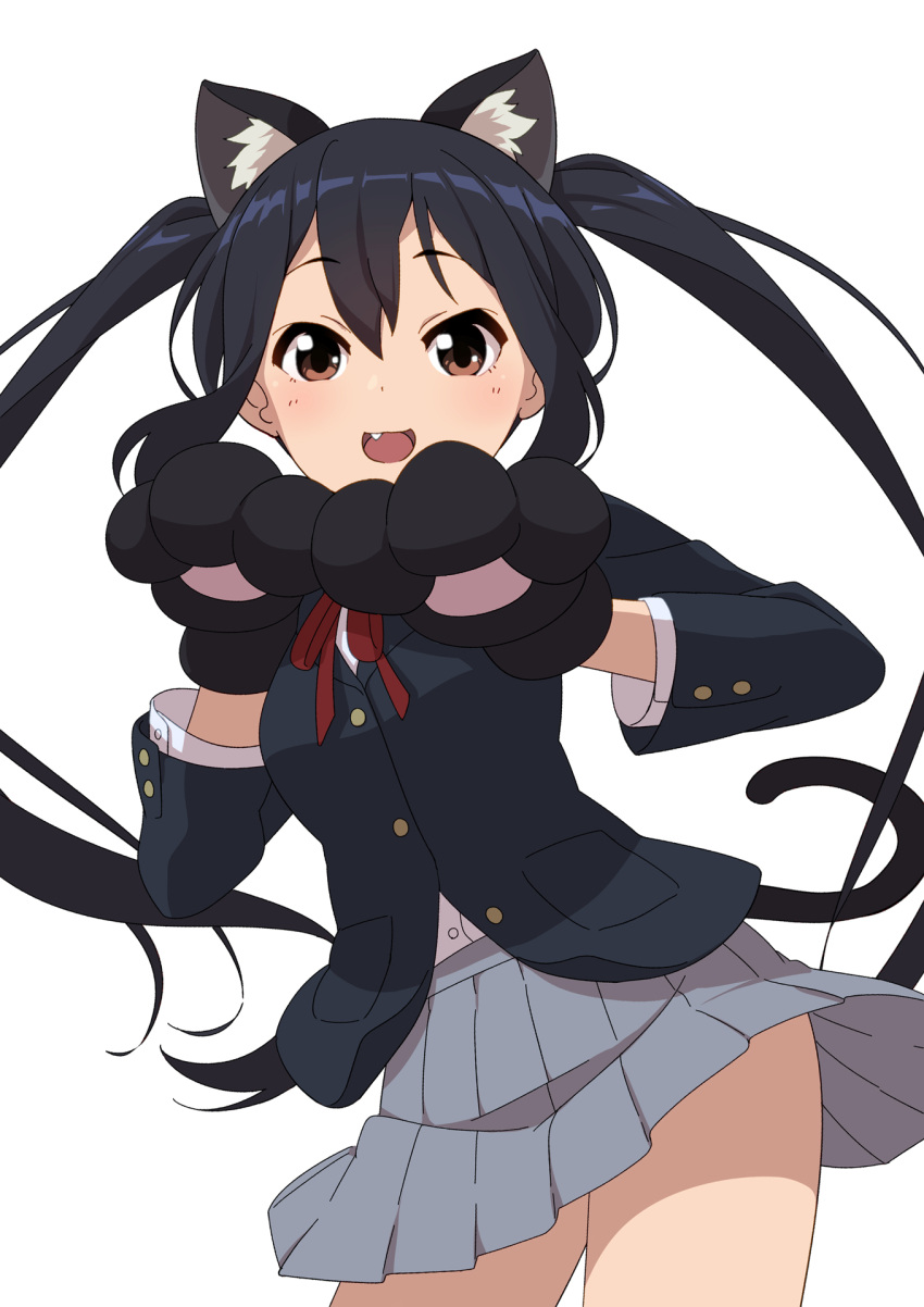 1girl :3 animal_ear_fluff animal_ears animal_hands bangs black_hair black_jacket blush breasts brown_eyes cat_ears commentary dot_nose english_commentary fake_animal_ears fake_tail fang gloves grey_skirt hair_between_eyes hair_spread_out hands_up happy highres jacket k-on! long_hair long_sleeves looking_at_viewer medium_breasts miniskirt miu_(angelo_whitechoc) nakano_azusa open_mouth paw_gloves pleated_skirt school_uniform sidelocks simple_background skirt smile solo standing tail twintails upper_body very_long_hair white_background