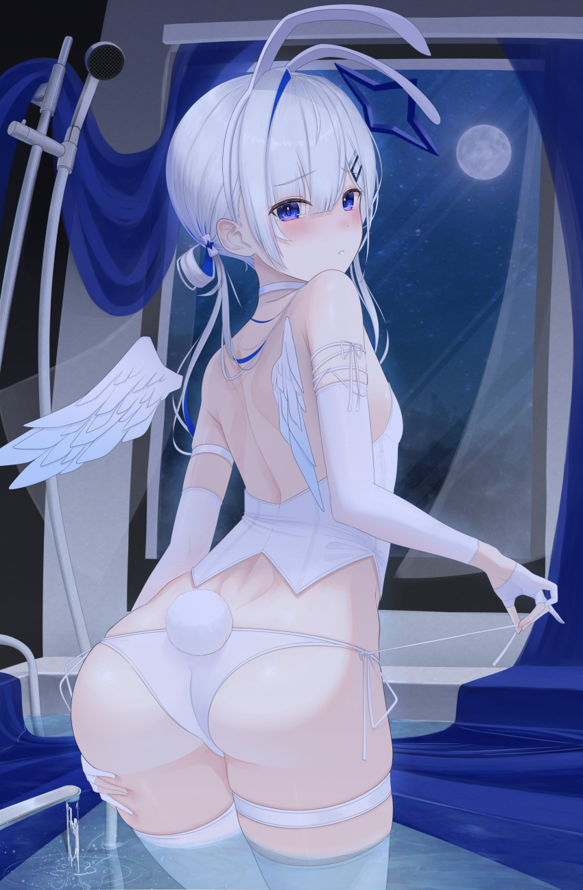 1girl absurdres amane_kanata angel_wings animal_ears ass back bare_shoulders bath bikini bikini_bottom_only blush choker fingerless_gloves from_behind gloves hair_ornament hairband hairclip highres hololive kachikachipiroo looking_at_viewer looking_back moon nontraditional_playboy_bunny parted_lips playboy_bunny purple_eyes rabbit_ears rabbit_tail raised_eyebrows revision side-tie_bikini_bottom solo swimsuit tail thighhighs vest virtual_youtuber wading water white_bikini white_choker white_gloves white_hair white_hairband white_vest white_wings wings