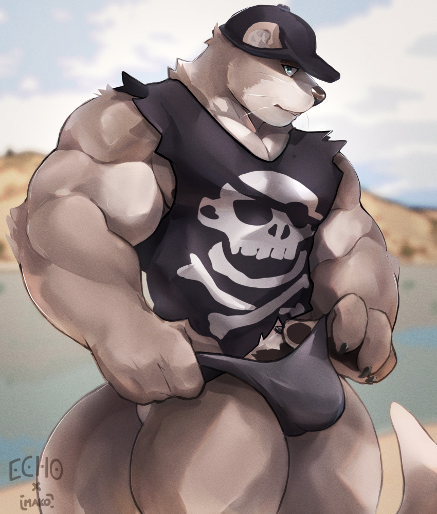 2022 anthro big_muscles black_clothing black_hat black_headwear black_shirt black_tank_top black_topwear black_underwear blue_eyes blurred_background brown_body brown_fur bulge clothing countershade_face countershade_torso countershading detailed_bulge echo_(game) echo_(series) echo_project fur hat headgear headwear hi_res holding_clothing holding_object holding_underwear jolly_roger looking_at_viewer makowolf1 male mammal muscular muscular_anthro muscular_male muscular_thighs mustelid otter portrait shirt skull_and_crossbones solo speedo swimwear sydney_bronson tan_body tan_fur tank_top three-quarter_portrait topwear torn_clothing torn_shirt torn_topwear underwear visual_novel whiskers