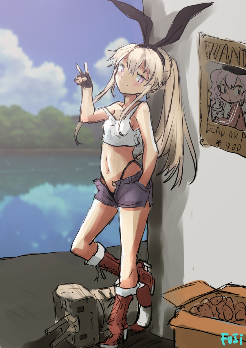 1girl alternate_costume alternate_hairstyle black_gloves black_hairband black_panties blonde_hair boots box cardboard_box commentary_request crop_top cross-laced_footwear fingerless_gloves fuji_(pixiv24804665) gloves grey_eyes grey_shorts hairband hand_in_pocket highleg highleg_panties highres kantai_collection kashima_(kancolle) lace-up_boots long_hair looking_at_viewer open_fly panties ponytail poster_(object) red_footwear rensouhou-chan shimakaze_(kancolle) short_shorts shorts solo underwear wanted