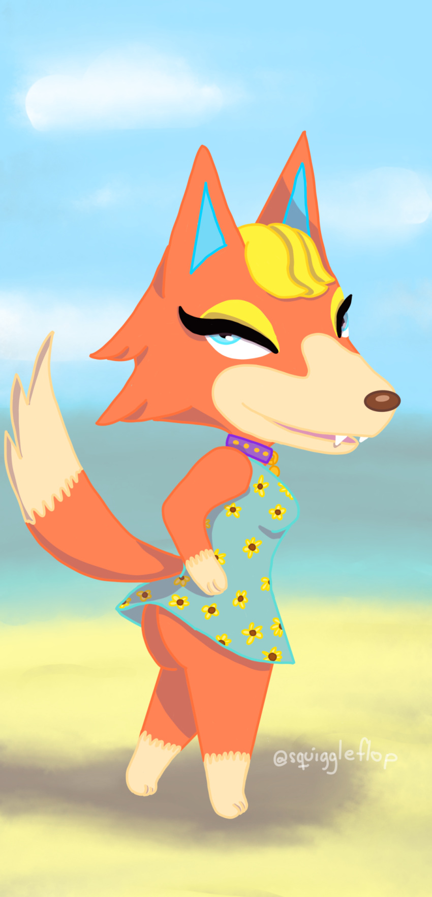 animal_crossing anthro audie_(animal_crossing) butt canid canine canis clothed clothing collar fangs female fox hi_res mammal nintendo sneaky solo solo_focus squiggleflop teasing teeth wolf