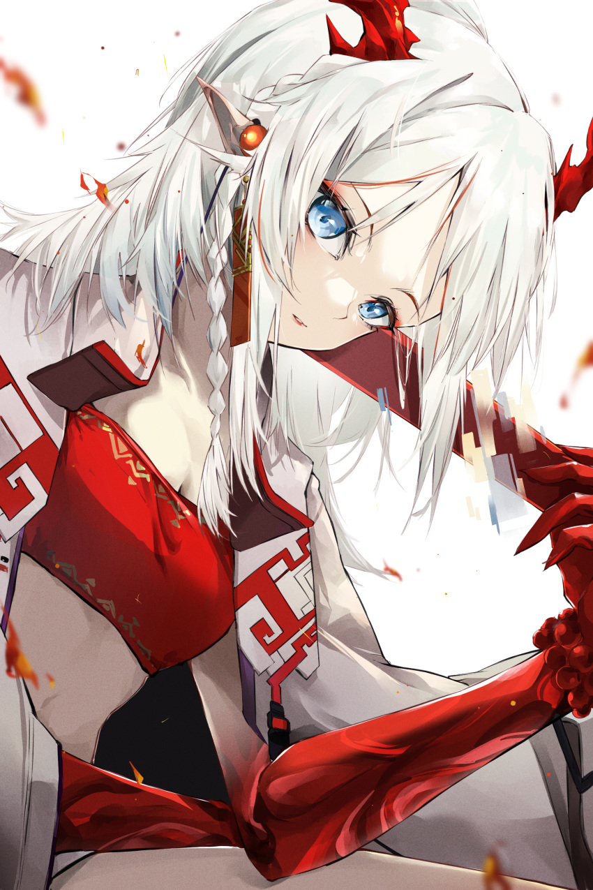 1girl absurdres arknights bandeau bead_bracelet beads blue_eyes bracelet braid breasts cleavage coat commentary daichi highres horns jewelry looking_at_viewer midriff nian_(arknights) open_clothes open_coat parted_lips pointy_ears small_breasts solo strapless tube_top upper_body white_coat white_hair