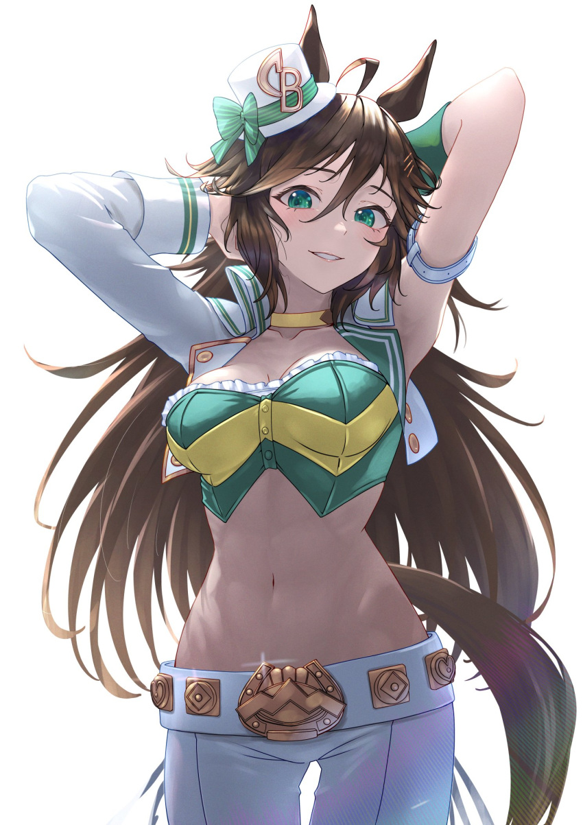 1girl ahoge animal_ears arm_strap armpits arms_up bow breasts brown_hair choker cleavage commentary_request cowboy_shot crop_top green_bow green_eyes green_shirt grin hair_between_eyes hat hat_bow highres horse_ears large_breasts long_hair long_sleeves looking_at_viewer midriff mini_hat mini_top_hat mr._c.b._(umamusume) nabe_puyo navel shirt simple_background single_sleeve smile solo standing stomach strapless strapless_shirt tail top_hat umamusume very_long_hair white_background white_headwear yellow_choker