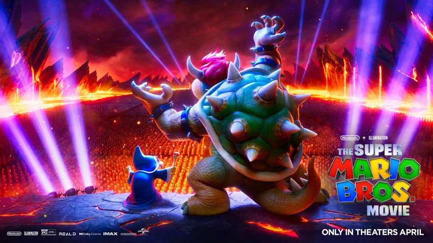 armlet army bowser bracelet claws cloud cloudy_sky copyright_name crowd dark_clouds embers from_behind highres horns jewelry kamek koopa_troopa logo mario_(series) molten_rock mountainous_horizon official_art promotional_art red_hair robe scenery sky spiked_armlet spiked_bracelet spiked_shell spiked_tail spikes stage_lights standing tail the_super_mario_bros._movie wand