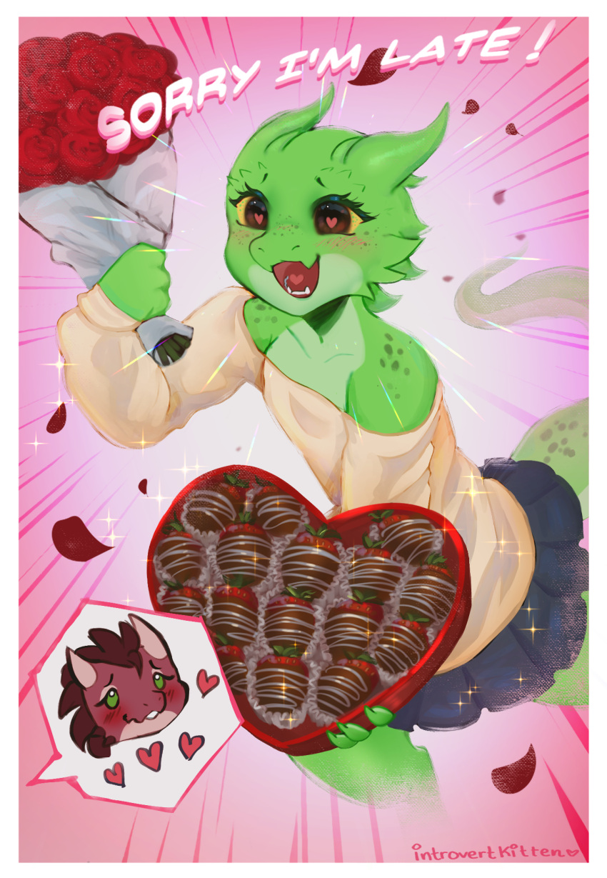 &lt;3 &lt;3_eyes anthro blush bottomwear bouquet box_of_chocolates breasts candy chocolate chocolate-covered_strawberry claws clothed clothing dessert digital_media_(artwork) duo female female/female flat_chested flower food fruit gift gift_bow green_body green_eyes hair happy hi_res holidays horn introvertkitten kobold love meral_fleetfoot non-mammal_breasts off_shoulder open_mouth plant red_body reptile scales scalie simple_background skirt small_breasts spikes sweater tail tan_body text tongue topwear tweak valentine's_day