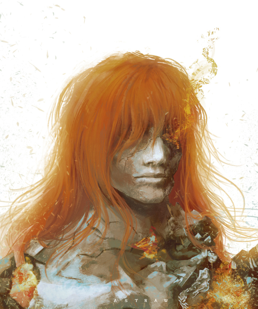 1boy absurdres artist_name astraw broken closed_mouth covered_eyes crack cracked_skin decay elden_ring highres long_hair looking_to_the_side out_of_frame portrait radagon_of_the_golden_order red_hair solo white_background