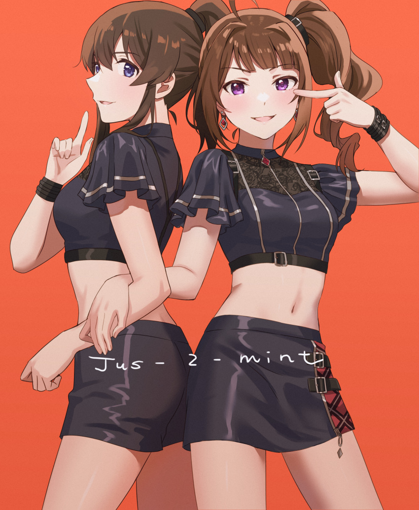 2girls :d absurdres bangs black_shirt black_skirt blue_eyes blunt_bangs breasts brown_hair commentary_request cowboy_shot crop_top emu_(emum) hair_between_eyes highres idolmaster idolmaster_million_live! idolmaster_million_live!_theater_days index_finger_raised long_hair looking_at_viewer midriff multiple_girls navel open_mouth orange_background pencil_skirt pointing ponytail purple_eyes satake_minako shirt side_ponytail simple_background skirt small_breasts smile standing stomach thighs yokoyama_nao