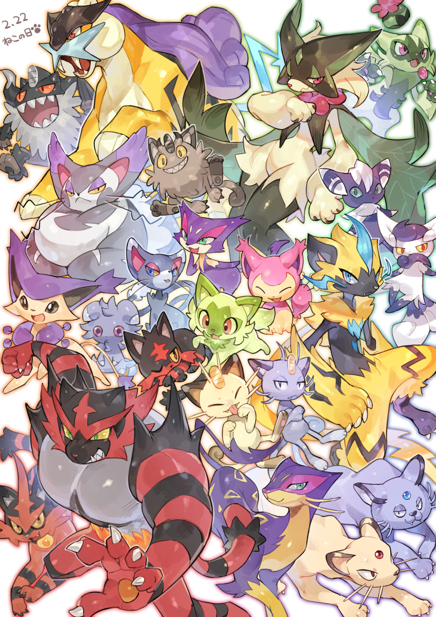 :&lt; :3 :d ^_^ absurdres alolan_meowth alolan_persian blue_eyes cat cat_day claws closed_eyes closed_mouth commentary_request dated delcatty espurr evolutionary_line fangs fangs_out floragato forehead_jewel galarian_meowth glameow green_eyes grin highres incineroar licking liepard litten looking_at_viewer meowscarada meowstic meowstic_(female) meowstic_(male) meowth open_mouth paw_print perrserker persian pokemon pokemon_(creature) purrloin purugly raikou red_eyes sharp_teeth skitty smile sprigatito tapioka_chaso teeth tongue tongue_out torracat v-shaped_eyebrows zeraora