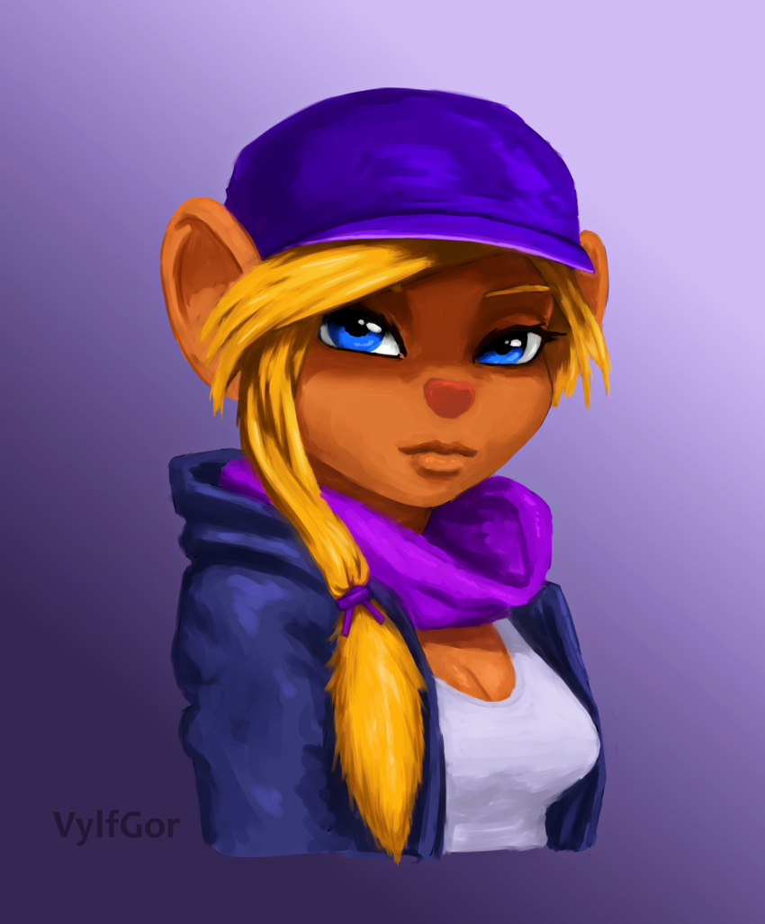 2023 anthro blonde_hair blue_eyes breasts chip_'n_dale_rescue_rangers clothed clothing digital_drawing_(artwork) digital_media_(artwork) disney female fur gadget_hackwrench hair hat headgear headwear hi_res humanoid humanoid_face jacket looking_at_viewer mammal mouse murid murine pigtails pink_nose portrait rodent scarf shirt simple_background solo topwear vylfgor