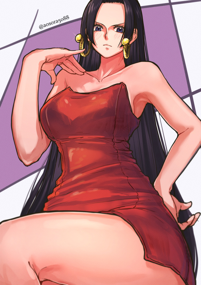 1girl amazon_warrior aosora2823 armpits bare_shoulders black_hair blue_eyes blush boa_hancock breasts cleavage closed_mouth commentary_request dress earrings from_below hand_on_hip highres jewelry large_breasts long_hair looking_at_viewer one_piece red_dress snake_earrings solo thick_thighs thighs