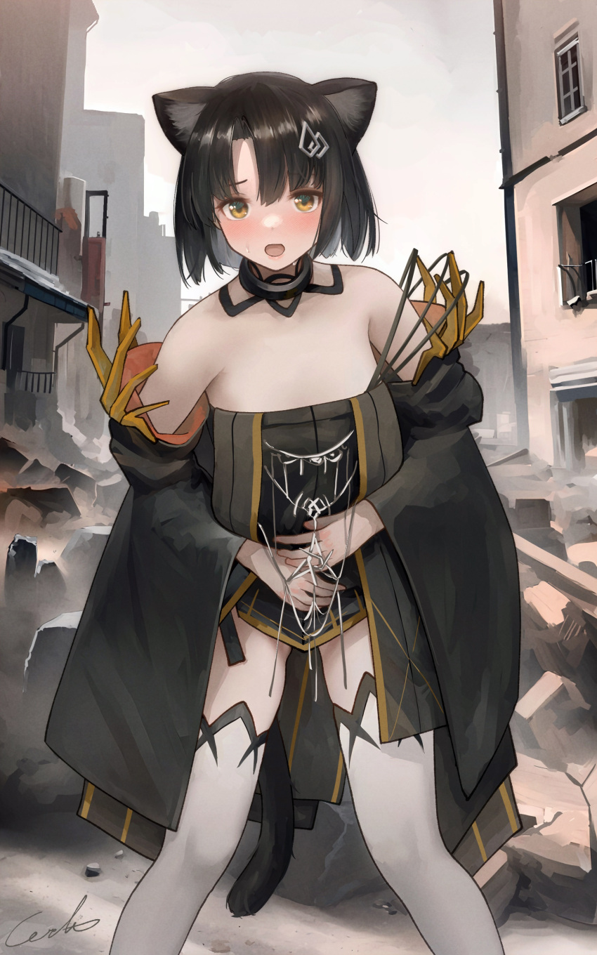 1girl absurdres animal_ears arknights bare_shoulders black_coat black_dress black_hair blush cat_day cat_ears cat_girl cat_tail coat commentary_request covering_stomach debris detached_collar dress hair_ornament hairclip hands_on_own_stomach highres leaning_forward mandragora_(arknights) medium_hair off-shoulder_coat off_shoulder open_mouth outdoors pain solo stomach_ache striped striped_dress tail thighhighs vertical-striped_dress vertical_stripes welt_(kinsei_koutenkyoku) yellow_eyes