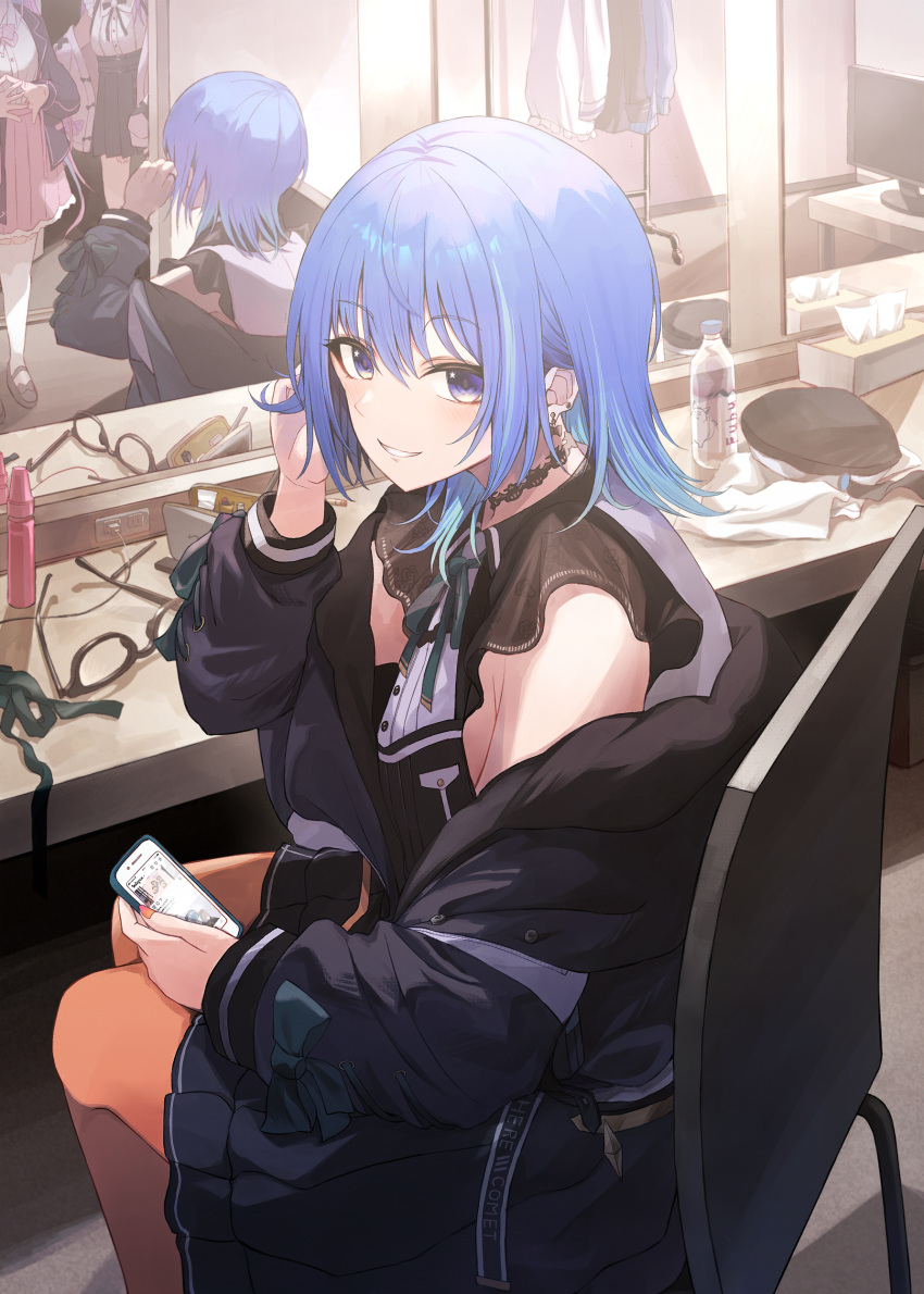 1girl absurdres bangs black_choker black_dress blue_eyes blue_hair blue_jacket blush breasts cellphone choker dress hair_between_eyes highres holding holding_phone hololive hoshimachi_suisei jacket lace lace_choker lace_sleeves looking_at_viewer minato_aqua miyabino_(miyabi1616) neck_ribbon orange_pantyhose pantyhose phone ribbon short_dress short_hair short_sleeves smartphone smile solo star_(symbol) star_in_eye symbol_in_eye tokoyami_towa virtual_youtuber