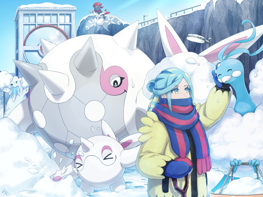 &gt;_&lt; 1boy altaria beartic blue_mittens blue_scarf cetitan cetoddle closed_eyes commentary_request day eyelashes frosmoth green_eyes green_hair grusha_(pokemon) hand_up highres jacket long_hair long_sleeves male_focus min_(myna8247) outdoors pokemon pokemon_(creature) pokemon_(game) pokemon_sv scarf sky snow striped striped_scarf weavile yellow_jacket