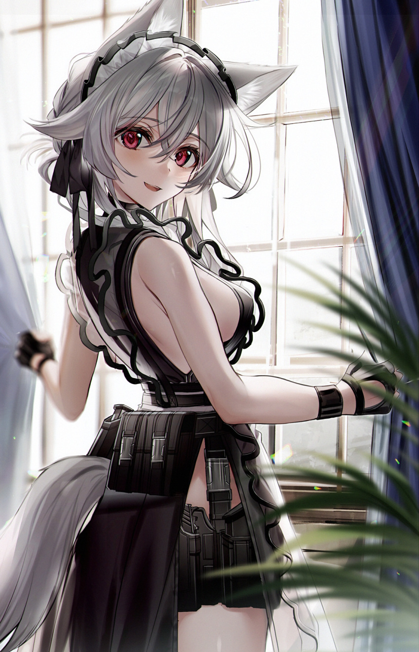 1girl animal_ears bare_arms bare_shoulders belt_pouch black_dress black_gloves blurry breasts cowboy_shot curtain_grab curtains depth_of_field dress fingerless_gloves fox_ears fox_girl fox_tail frilled_dress frills from_side gloves grey_hair highres kawachi_rin large_breasts long_hair looking_at_viewer looking_back maid_headdress open_mouth original pouch red_eyes side_slit sleeveless sleeveless_dress smile solo standing tail wristband