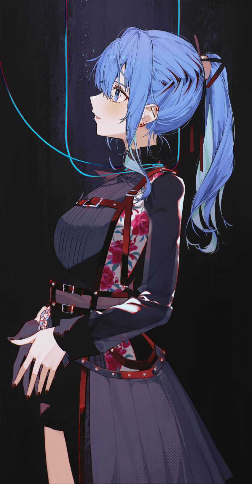 1girl absurdres black_nails blue_eyes blue_hair ear_piercing facing_to_the_side floral_print flower from_side highres hololive hoshimachi_suisei long_hair long_sleeves looking_up official_alternate_costume parted_lips piercing ponytail profile red_flower red_rose rose rose_print sidelocks solo tsukino_(nakajimaseiki) virtual_youtuber