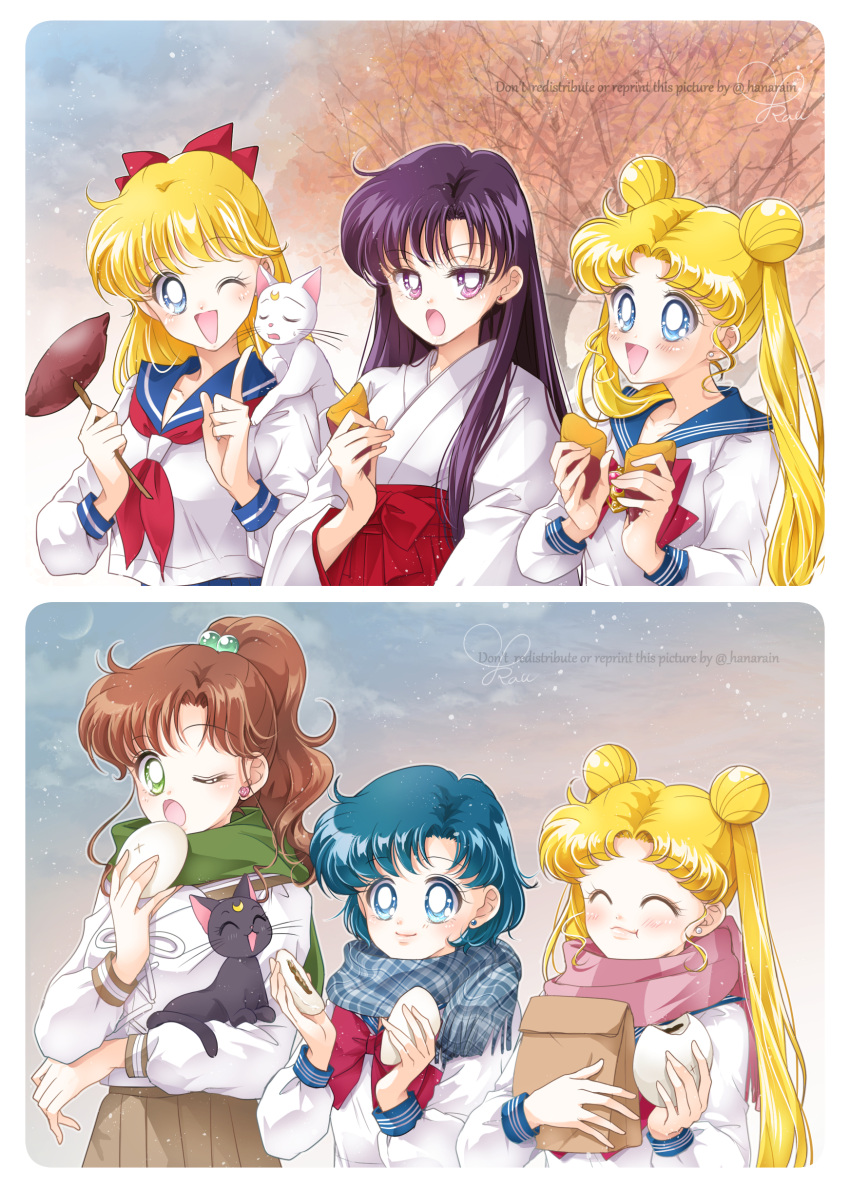 absurdres aino_minako artemis_(sailor_moon) bangs bishoujo_senshi_sailor_moon blonde_hair blue_eyes blue_hair blue_sailor_collar bow bowtie brown_hair brown_sailor_collar brown_skirt double_bun earrings flower_earrings food green_eyes hair_bobbles hair_bow hair_bun hair_ornament hakama hakama_skirt height_difference highres hino_rei japanese_clothes jewelry juuban_middle_school_uniform kimono kino_makoto kino_makoto's_school_uniform long_hair long_sleeves luna_(sailor_moon) medium_hair miko mizuno_ami multiple_girls neckerchief parted_bangs pleated_skirt ponytail purple_eyes purple_hair red_bow red_bowtie red_hakama red_neckerchief roasted_sweet_potato sailor_collar sarashina_kau scarf school_uniform serafuku shiba_koen_middle_school_uniform shirt short_hair sidelocks skirt smile stud_earrings sweet_potato swept_bangs ta_girls_school_uniform tsukino_usagi twintails very_long_hair white_kimono white_shirt wide_sleeves