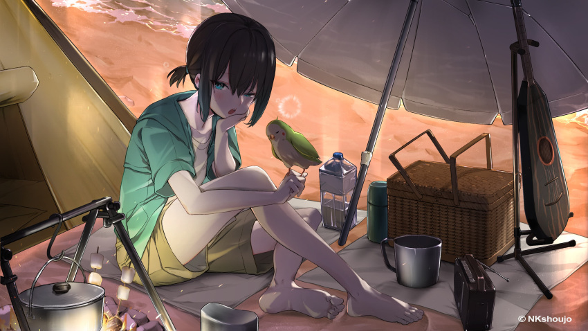 1girl absurdres animal barefoot basket beach bird black_hair blue_eyes blush campfire cooking_pot cup food haowei_wu highres instrument kouitu_sin looking_at_viewer marshmallow nkshoujo open_mouth outdoors parasol plastic_bottle ponytail radio shorts sitting solo teeth tent umbrella