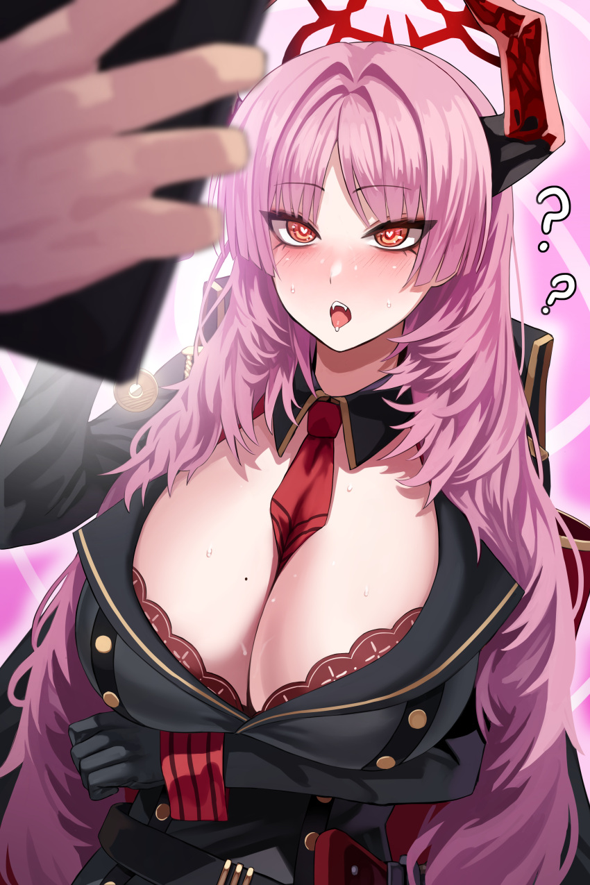 1girl ? absurdres bangs between_breasts black_gloves blue_archive breasts cellphone cleavage coin coin_on_string eyeliner gloves halo heart heart-shaped_pupils highres horns hypnosis large_breasts ldl_(bcw1025) long_hair makeup mind_control mole mole_on_breast necktie necktie_between_breasts open_mouth phone pink_hair pov saliva satsuki_(blue_archive) simple_background smartphone sweat symbol-shaped_pupils tongue tongue_out very_long_hair white_background yellow_eyes