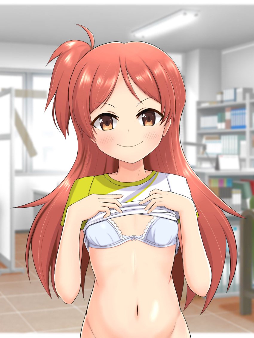 1girl arshinoe bangs blurry blurry_background blush book book_stack bow bow_bra bra brown_eyes clothes_lift commentary_request hands_up highres idolmaster idolmaster_million_live! indoors lace-trimmed_bra lace_trim lifted_by_self long_hair looking_at_viewer md5_mismatch navel ogami_tamaki orange_hair resolution_mismatch shirt shirt_lift short_sleeves side_ponytail smile solo source_smaller stomach t-shirt underwear upper_body white_bra white_shirt window