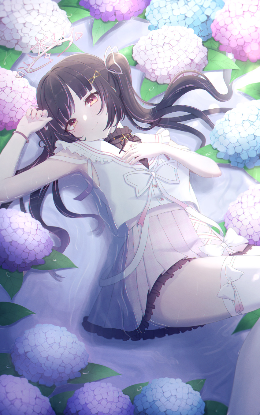 1girl absurdres akazaki_yukino birthmark black_hair black_shirt blue_flower blush bow bracelet collared_shirt commission flower frilled_shirt frilled_skirt frills hair_ornament hair_ribbon hand_on_own_chest highres himemiya_rie hydrangea jewelry long_hair looking_at_viewer lying on_back phase_connect pink_eyes pink_flower pink_skirt pixiv_commission pleated_skirt purple_flower ribbon shirt skirt sleeveless sleeveless_shirt smile solo thighhighs tiara twintails virtual_youtuber white_bow white_shirt white_thighhighs