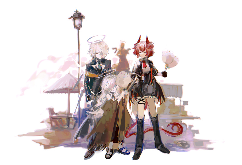 1boy 2girls absurdres arknights bird_tail black_footwear black_gloves black_jacket black_skirt blonde_hair blue_necktie boots brown_jacket cecelia_(arknights) chair cotton_candy enforcer_(arknights) feather_hair fiammetta_(arknights) fingerless_gloves food gloves hair_over_one_eye halo highres holding holding_food jacket lamppost long_hair long_sleeves multiple_girls necktie one_eye_covered open_clothes open_jacket own_hands_together parasol red_hair red_necktie sandals shirt short_hair simple_background skirt table tail umbrella white_background white_hair white_shirt yoyoseafish