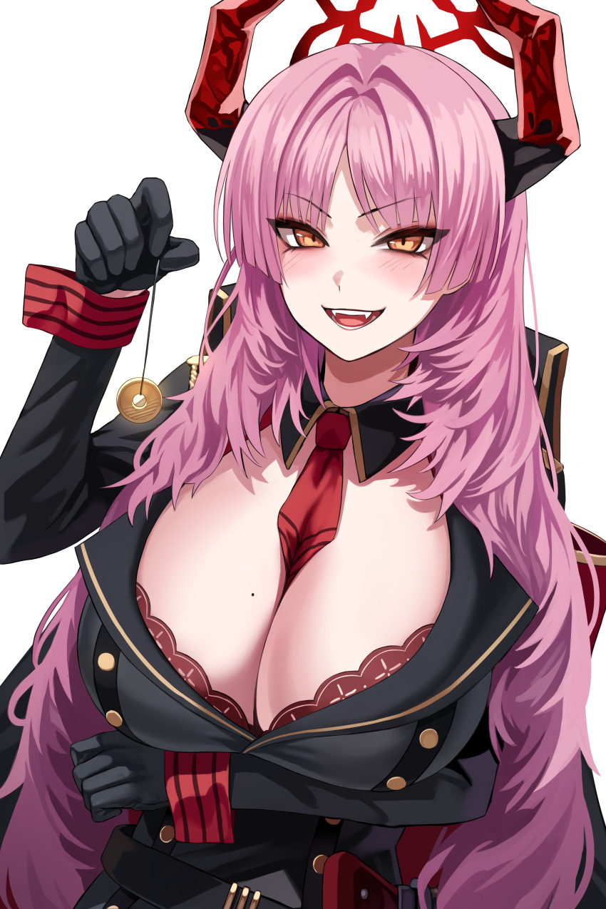 1girl :d absurdres bangs between_breasts black_gloves blue_archive breasts cleavage coin coin_on_string eyeliner gloves halo highres horns large_breasts ldl_(bcw1025) long_hair looking_at_viewer makeup mole mole_on_breast necktie necktie_between_breasts open_mouth pink_hair satsuki_(blue_archive) simple_background smile solo very_long_hair white_background yellow_eyes