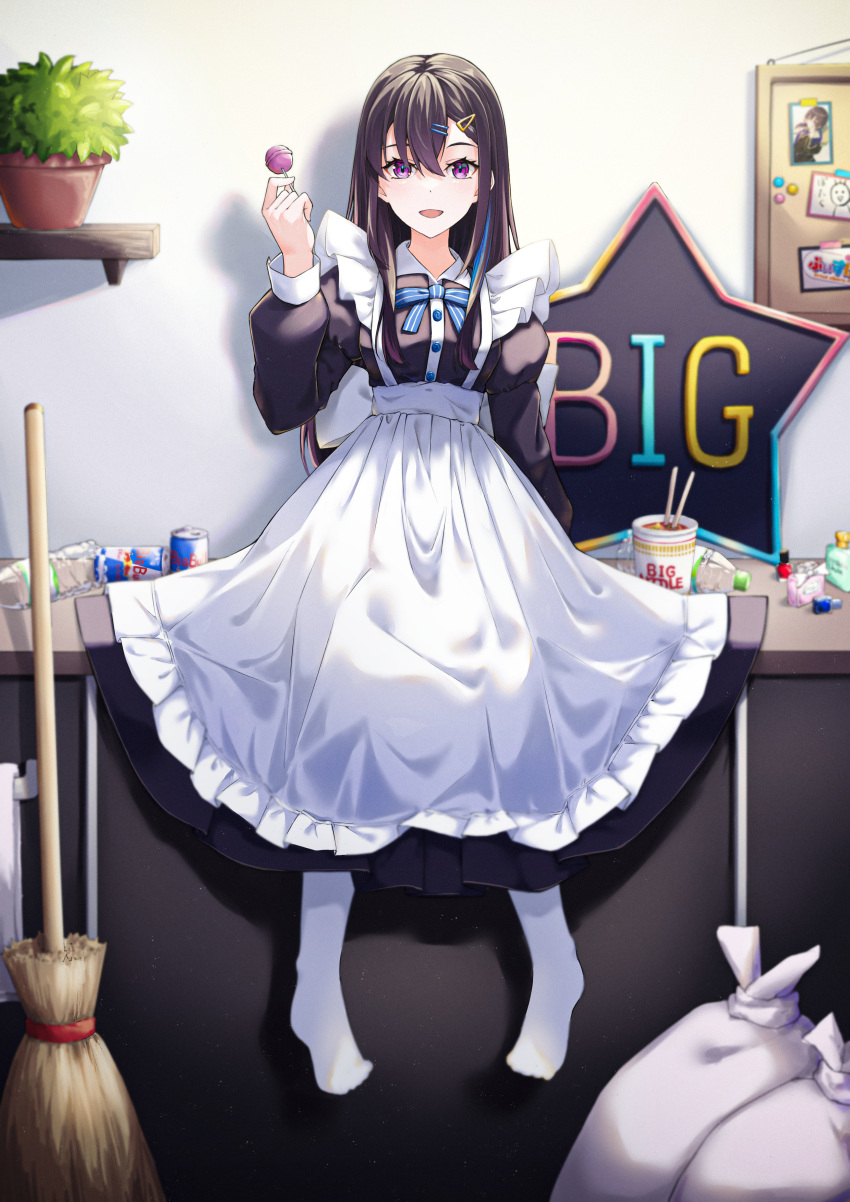 1girl absurdres alternate_costume apron bangs black_dress black_hair blue_bow bow broom can candy chopsticks dress energy_drink enmaided food frilled_apron frills hair_between_eyes hair_ornament hairclip highres ichinose_uruha instant_ramen lollipop long_hair long_sleeves looking_at_viewer maid maid_apron pantyhose photo_(object) plant plastic_bottle potted_plant puffy_long_sleeves puffy_sleeves purple_eyes red_bull ryo-taso sitting solo star_(symbol) trash_bag virtual_youtuber vspo! white_apron white_pantyhose