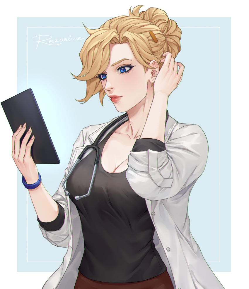 1girl artist_name bangs black_tank_top blonde_hair blue_background blue_eyes border bracelet breasts cleavage collarbone cowboy_shot earrings english_commentary fingernails hair_bun hand_in_own_hair highres holding holding_tablet_pc jacket jewelry labcoat large_breasts lips long_fingernails looking_at_viewer mercy_(overwatch) nail_polish necklace open_clothes overwatch rezoeline shirt short_hair signature single_hair_bun solo stethoscope swept_bangs tablet_pc tank_top white_border