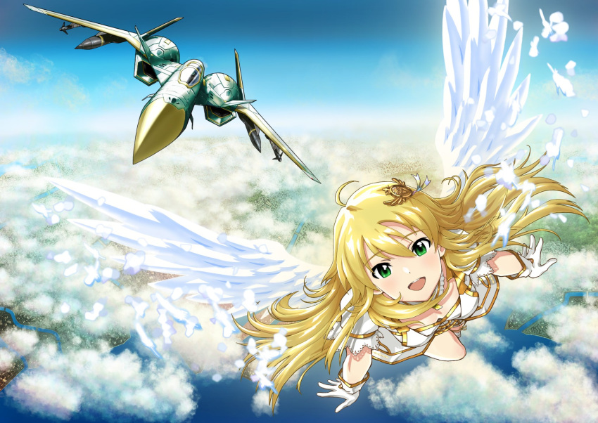 1girl ace_combat ace_combat_7 ahoge aircraft airplane angel_wings bangs blonde_hair blue_sky breasts cleavage cloud cloudy_sky commentary crossover dot_nose dress feathers fighter_jet flying gloves green_eyes hair_ornament highres hoshii_miki idolmaster idolmaster_(classic) jet long_hair looking_ahead me88228978 military military_vehicle open_mouth puffy_short_sleeves puffy_sleeves short_sleeves sky smile upper_body white_dress white_gloves wings